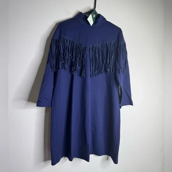 Tuckernuck Dress Women Navy Blue Cowgirl Suede Fringe Long Sleeve NWT - Picture 8 of 8